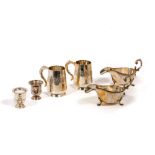 Lot consisting of a pair of jars, two mugs and a pair of silver-plated sauce boats mid 20th century,