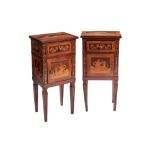 Pair of bedside tables in the manner of Maggiolini manifacture lombarda, '60, walnut inlaid with