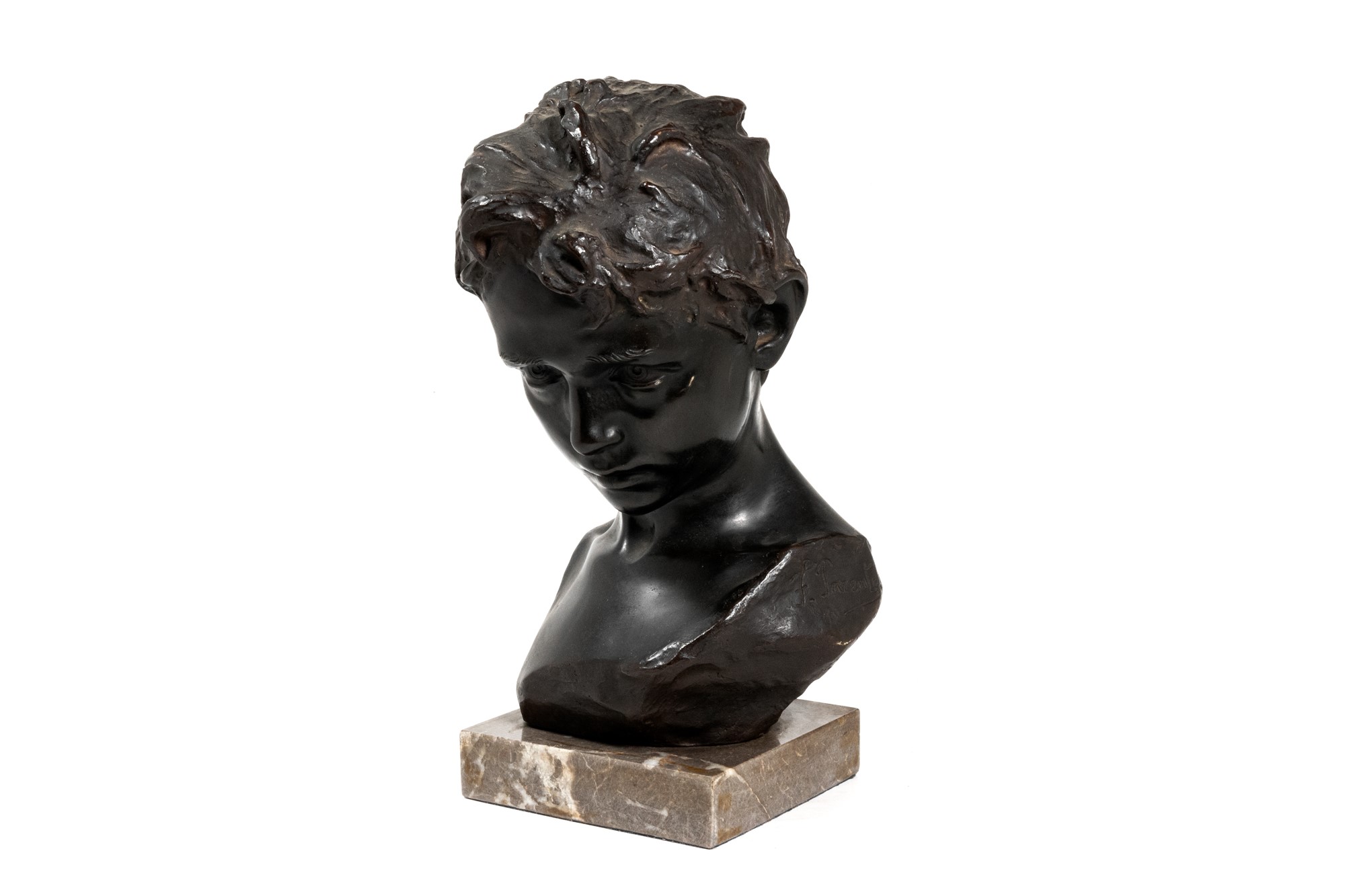 Francesco Parente (1885 - 1969) Bust of a boy in bronze, signed, based on red Levanto marble41 x