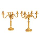 Pair of gilded bronze candlesticks mid 20th century, with four lights, turned shaft, pinecone