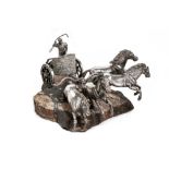 Silver metal sculpture depicting quadriga Italy, early 20th century, on the gray marble base42 x