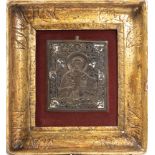 Icon of Sant'AntipaRussia, second half 19th century, in bronze and enamel, coeval gilded frame10 x