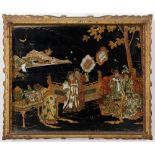 Oriental view with charactersCina, late 19th- early 20th century, painted on a black lacquered