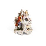 Gallant scene mid 20th century, polychrome porcelain group, marked under the base, small lack on