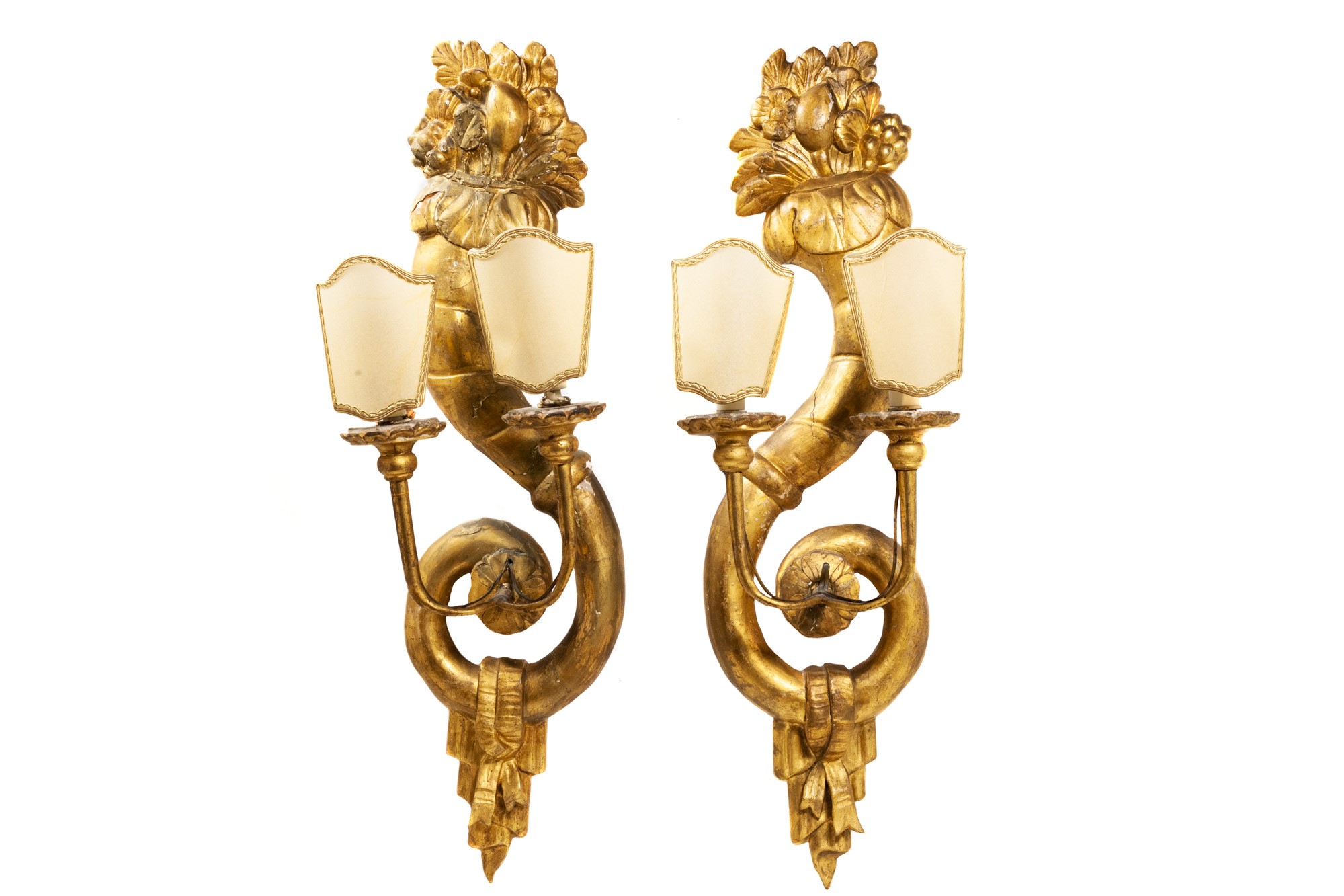Pair of two-light appliques late 19th century, carved and gilded wood, cornucopia-shaped support,