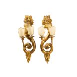 Pair of two-light appliques late 19th century, carved and gilded wood, cornucopia-shaped support,