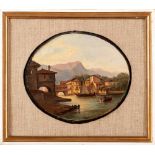 Landscape with mountains, river and houses 20th century, oil painting on copper applied on
