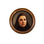 Female portrait 19th century, oil painting on cardboardin framediameter 17 cm