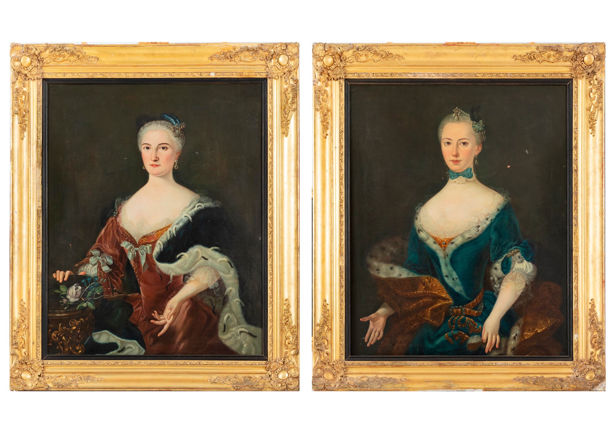 Pair of portraits of noblewomen school francese, 19th century, oil painting on canvasframed, one