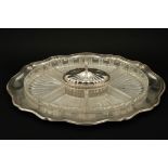 Appetizer dish shaped in silver metal 20th century, with seven glass containers, Sambucco50 x 35 cm