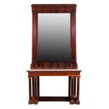 Console with Empire style mirror manifacture ligure, mid 20th century, in mahogany wood, with four