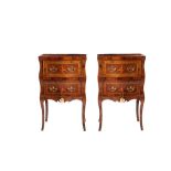 Pair of bedside tables manifacture siciliana, late 19th century, with two walnut veneer drawers,