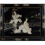 Oriental view with seated womanCina, early 20th century, plaque in lacquered wood with mother of