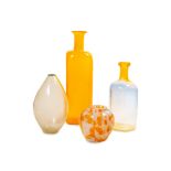 Lot of three bottles and a Murano glass jar, in different shapes, colors and sizes