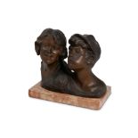 Vincenzo Aurisicchio (1855 - 1926) Half-bust rabbet and maiden in bronze, signed, Verona pink marble
