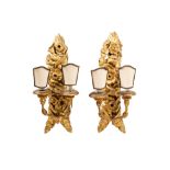 Pair of two-light appliques late 19th century, in carved and gilded wood, support in the form of a