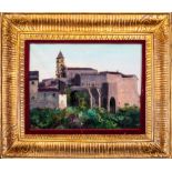Glimpse of a medieval village 20th century, oil painting on cardboardin ancient frame41 x 49 cm