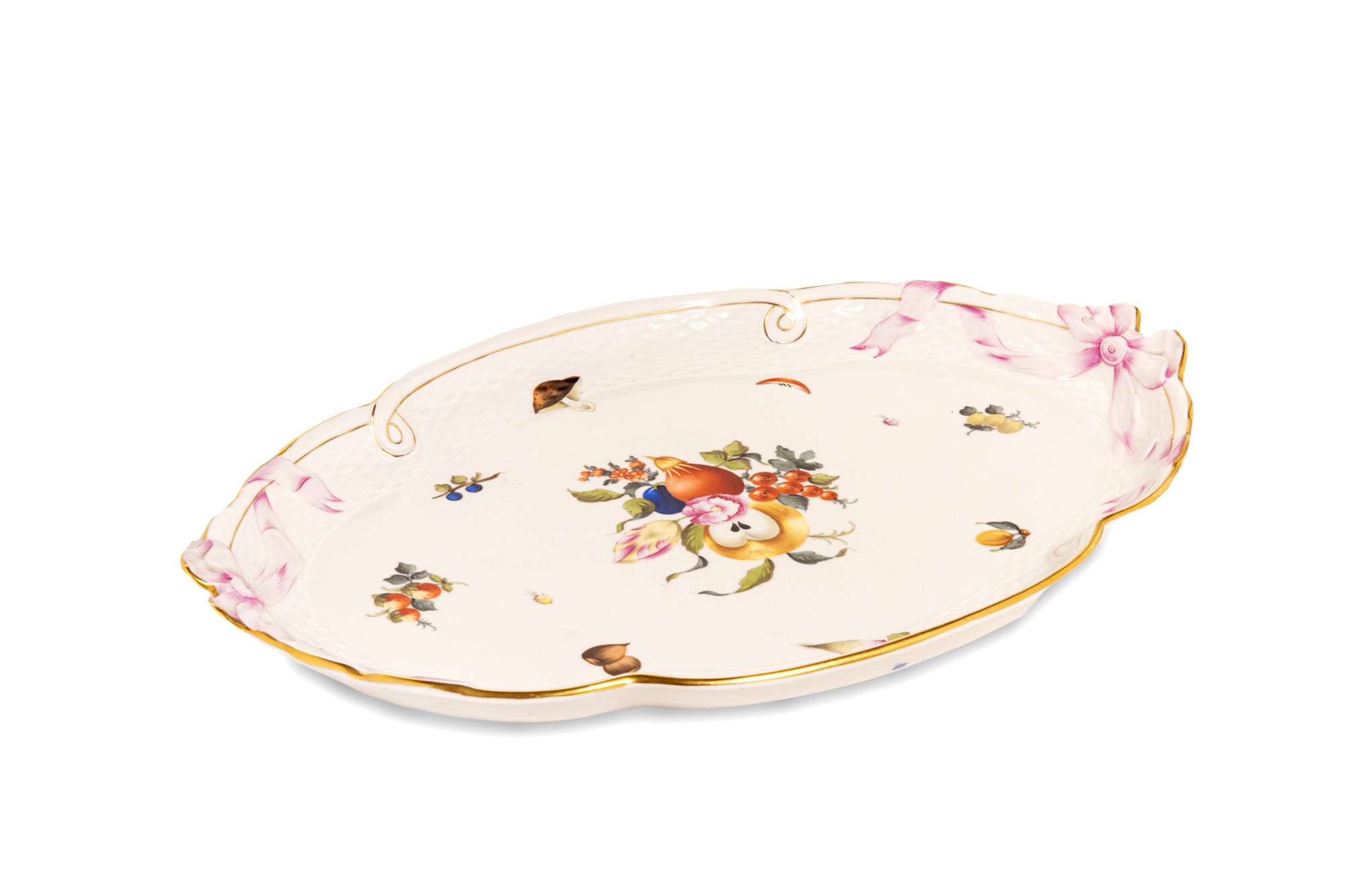 Herend white porcelain tray Hungary, '50, decorated with flowers and fruit, hand painted41 x 48.5
