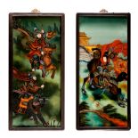Pair of paintings under glassCina, 20th century, depicting Chinese warriors within landscape,