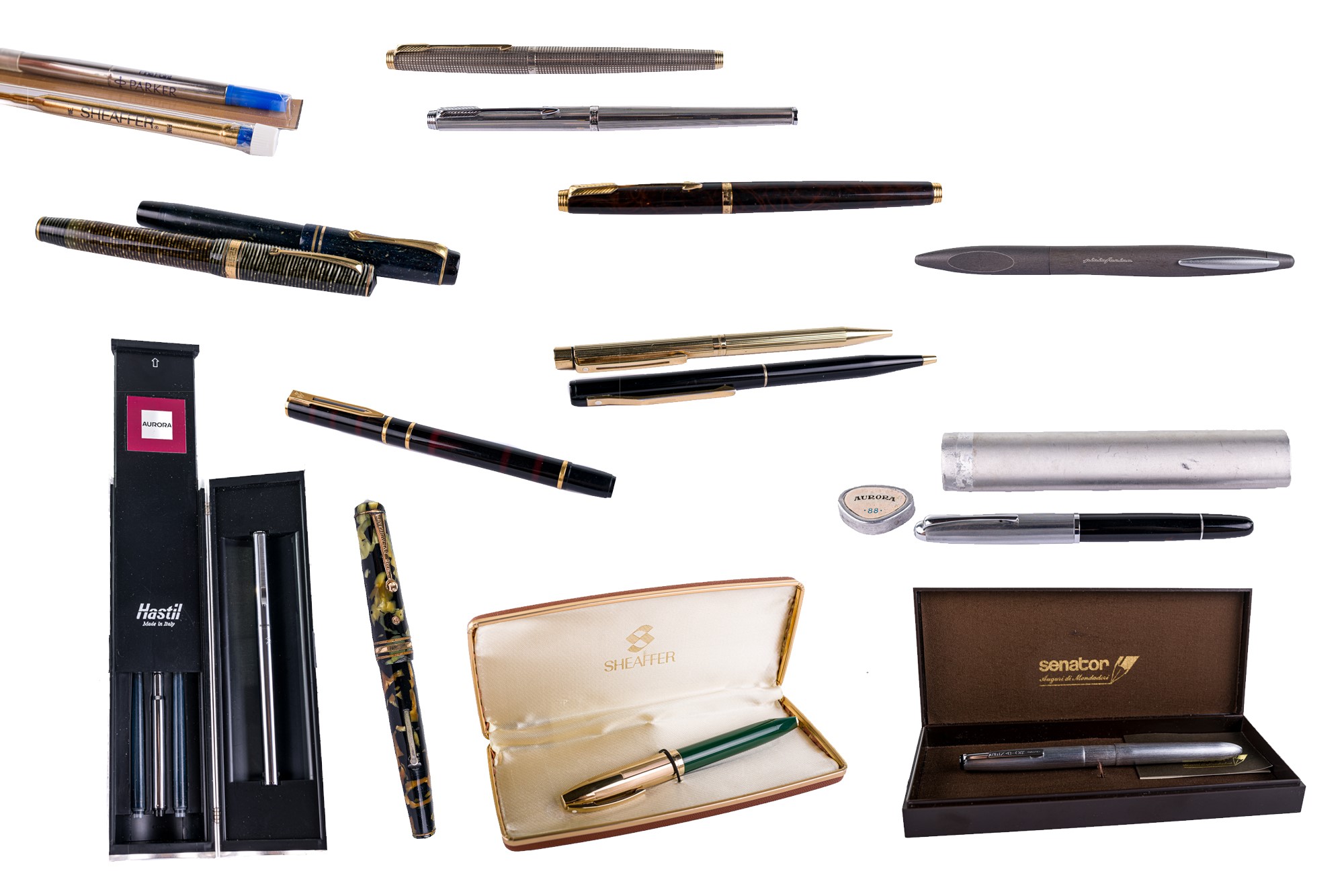 Lot of 14 ballpoint pens and fountain pensof various brands including: Sheaffer, Aurora, Senator,