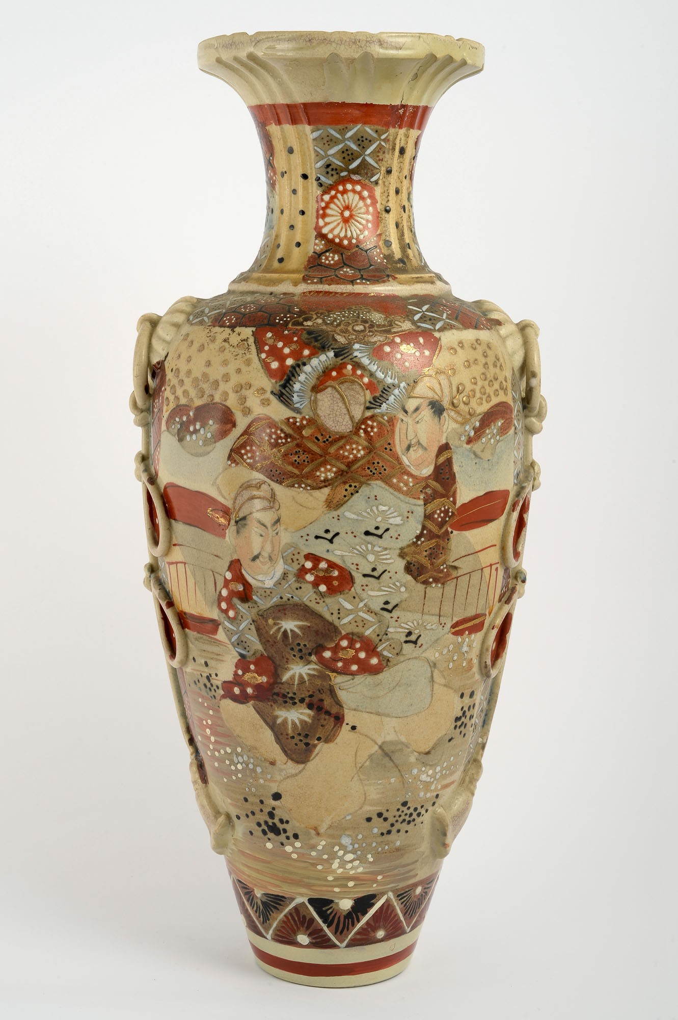 Pair of Satsuma vasesJapan, first half of the 20th centurydecorated with samurai, restorations and - Image 9 of 12