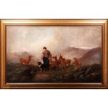 Landscape with shepherdess, dog and fawns mid 19th centuryoil painting on canvasin frame78 x 128 cm