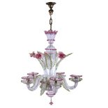 Murano chandeliersecond half of the 20th centuryin colorless and polychrome glass, with five arms