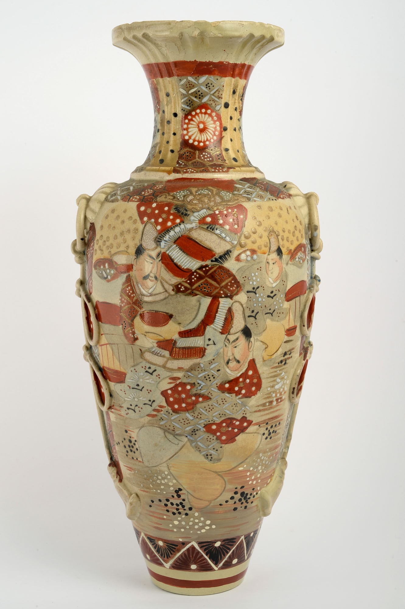 Pair of Satsuma vasesJapan, first half of the 20th centurydecorated with samurai, restorations and - Image 11 of 12