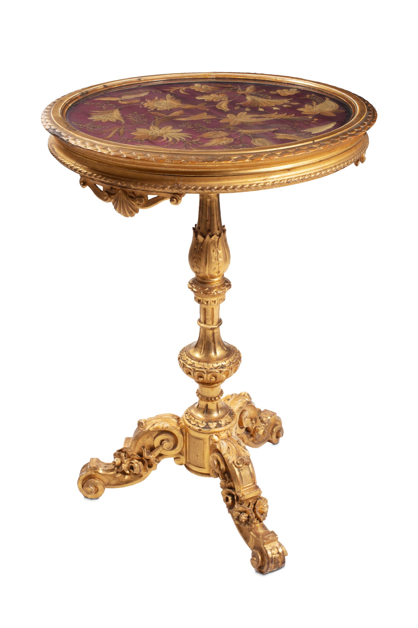 Carved and gilt-wooden coffee tableLigurian manufacture, mid 19th centurywith tripod base, round top