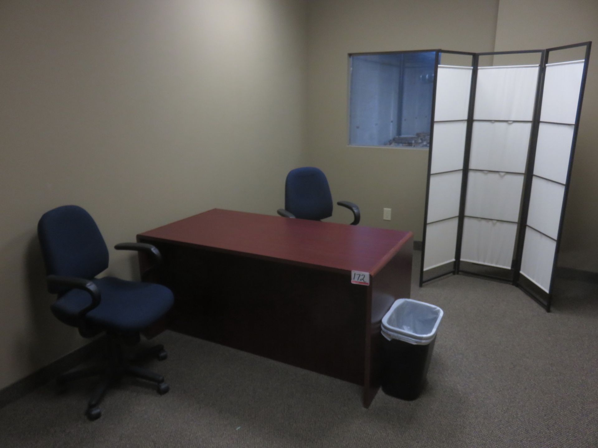 LOT - MAHOGANY DESK, (2) BLUE FABRIC CHAIRS, & BEIGE SCREEN