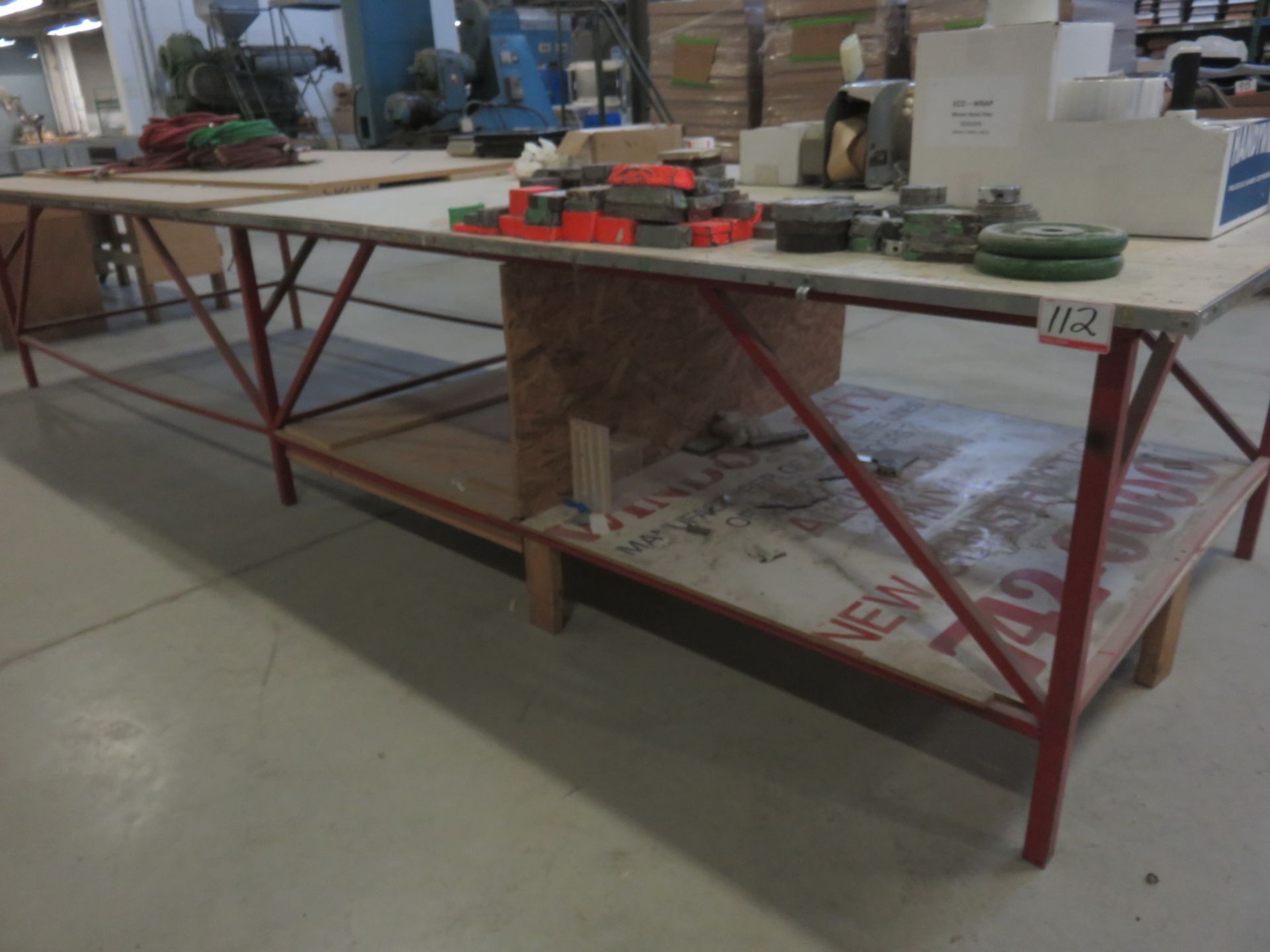 RED STEEL & WOOD 60" X 16'L SHOP TABLE