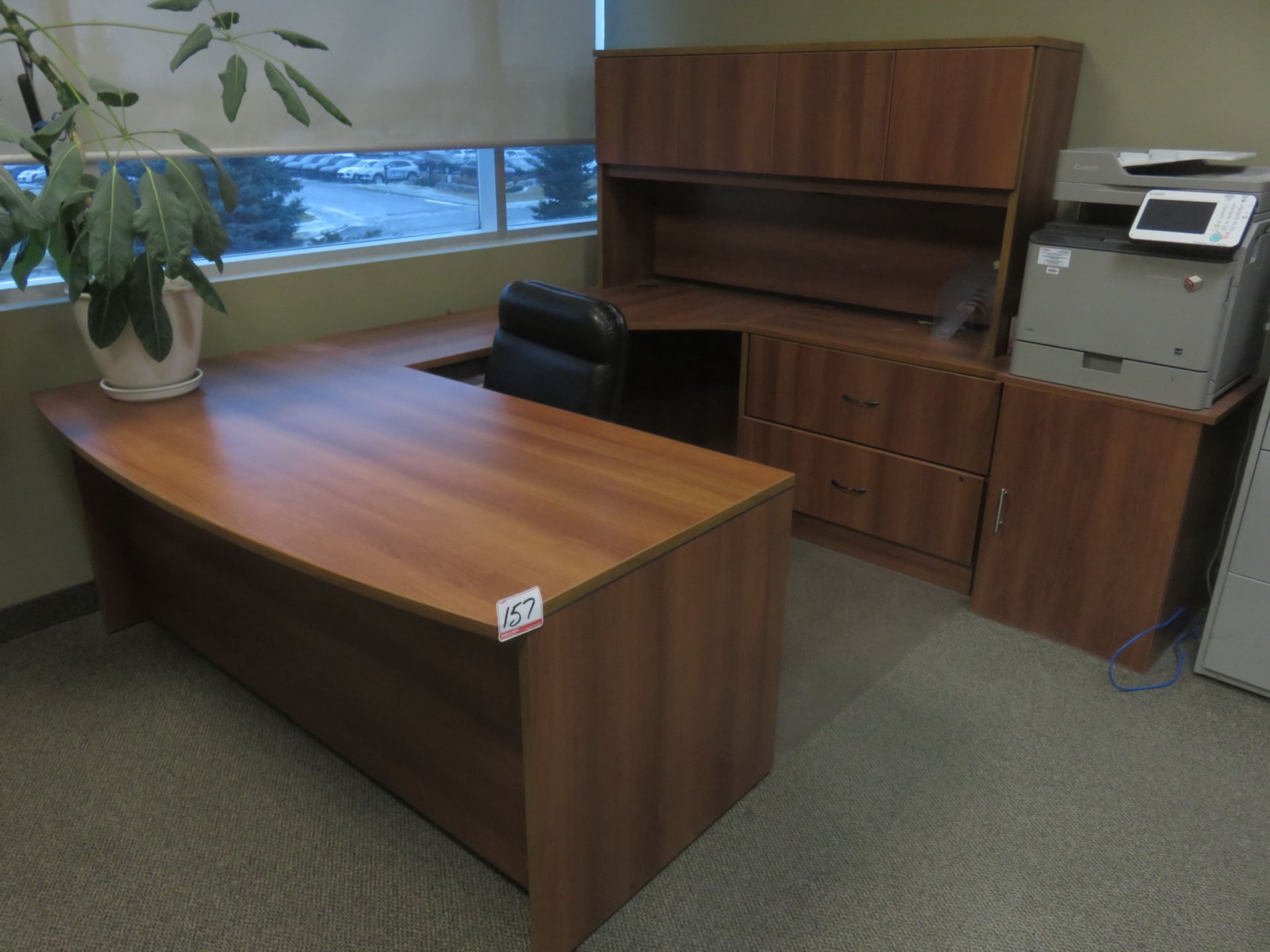 LOT - CHERRY EXECUTIVE OFFICE DESK & 1-DR CABINET W/ BLACK ARM CHAIR