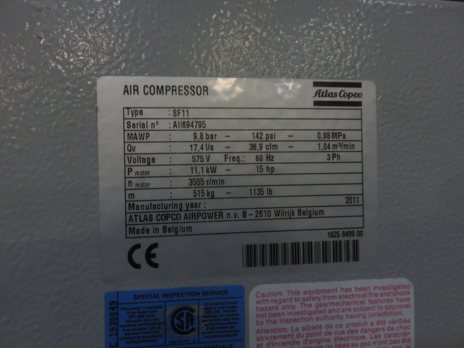 ATLAS COPCO SF11FF 15HP SCREW COMPRESSOR, S/N A11694795 (4,238 HOURS) - Image 2 of 2