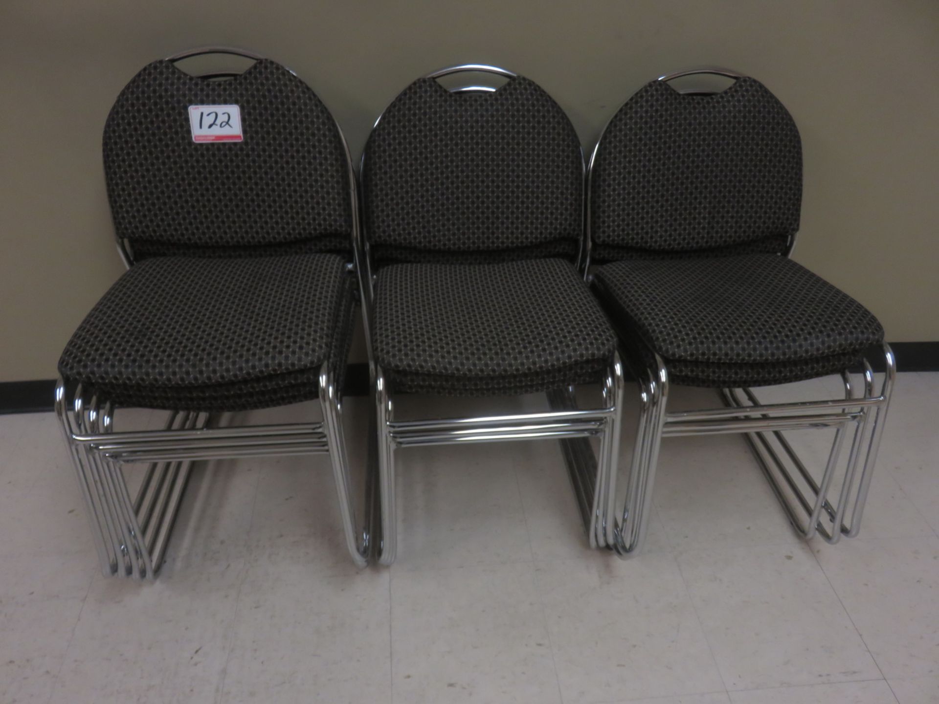 UNITS - CHROME & BROWN FABRIC STACKING CHAIRS