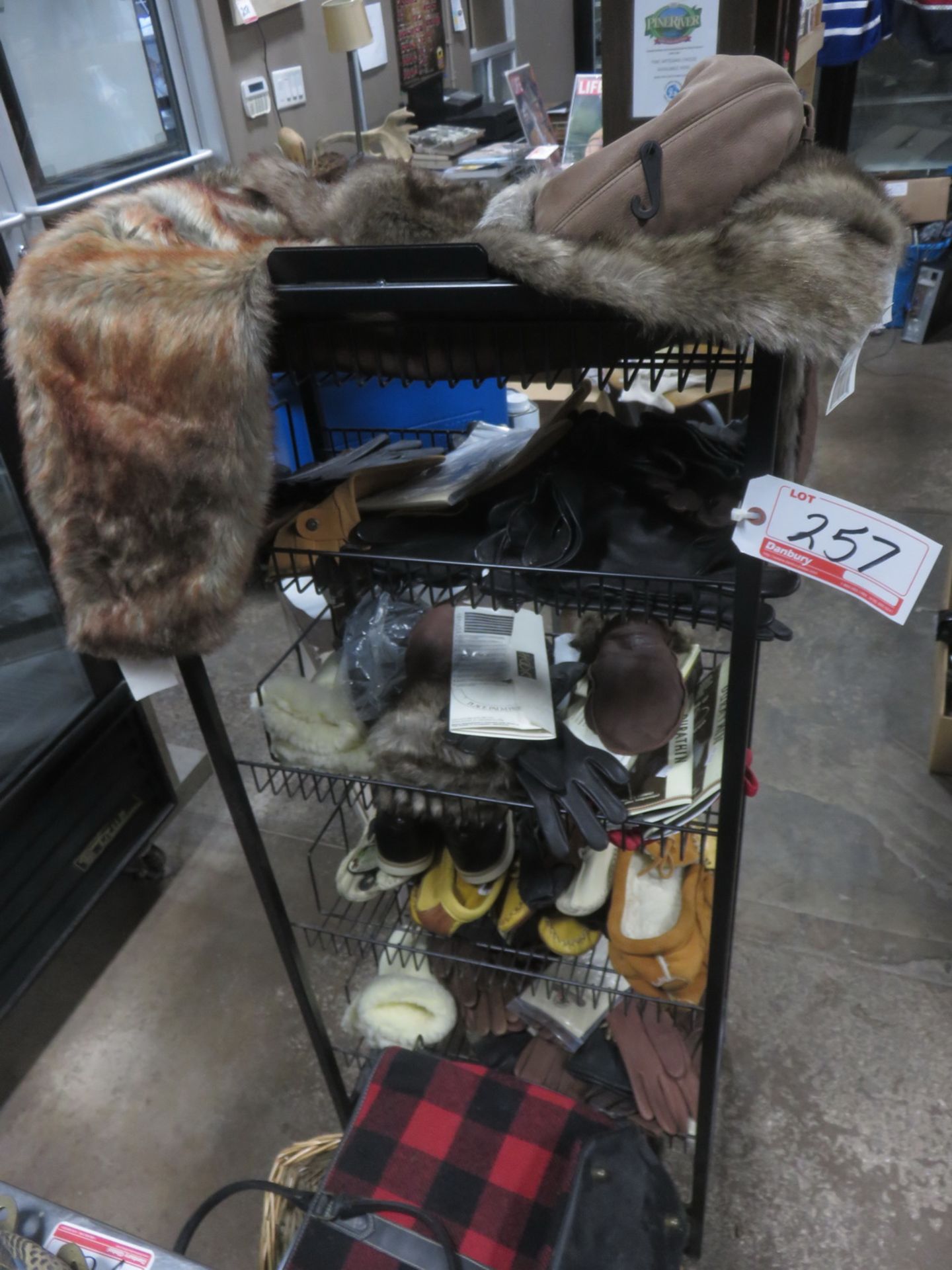 LOT - LEATHER & ASSTD GLOVES, SHOES, SLIPPERS, ETC W/ STAND