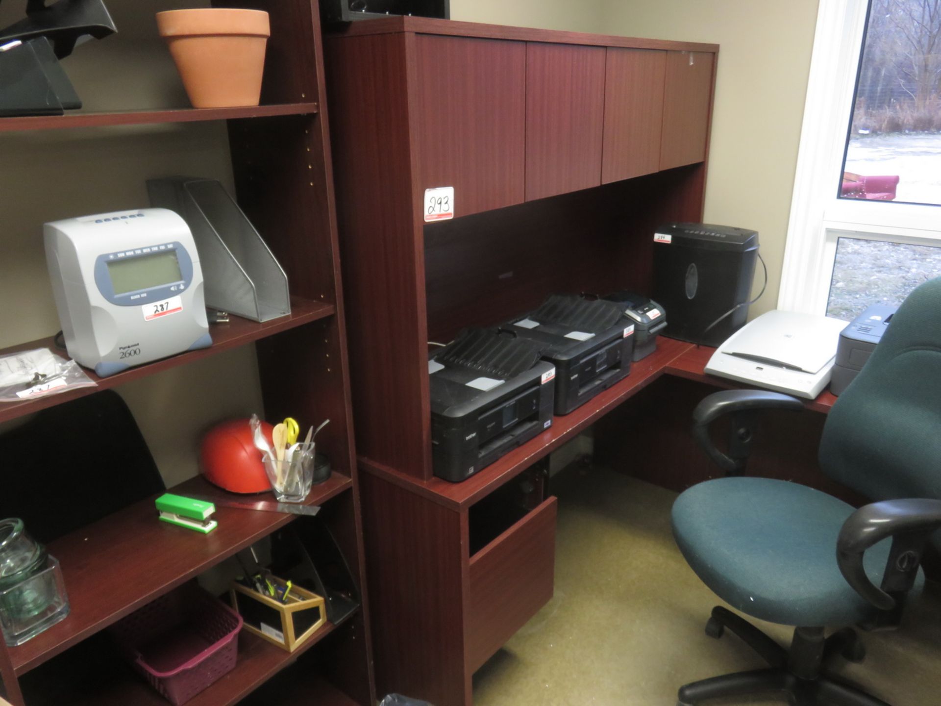 LOT - MAHOGANY OFFICE WORKSTATIONS W/ BAR FRIDGE & GREEN CHAIR - Image 2 of 3