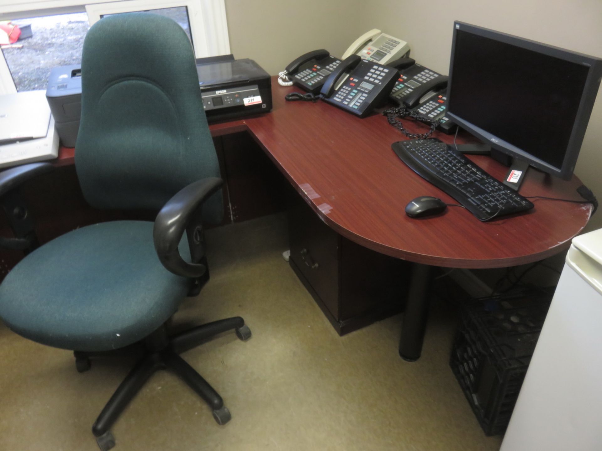 LOT - MAHOGANY OFFICE WORKSTATIONS W/ BAR FRIDGE & GREEN CHAIR - Image 3 of 3