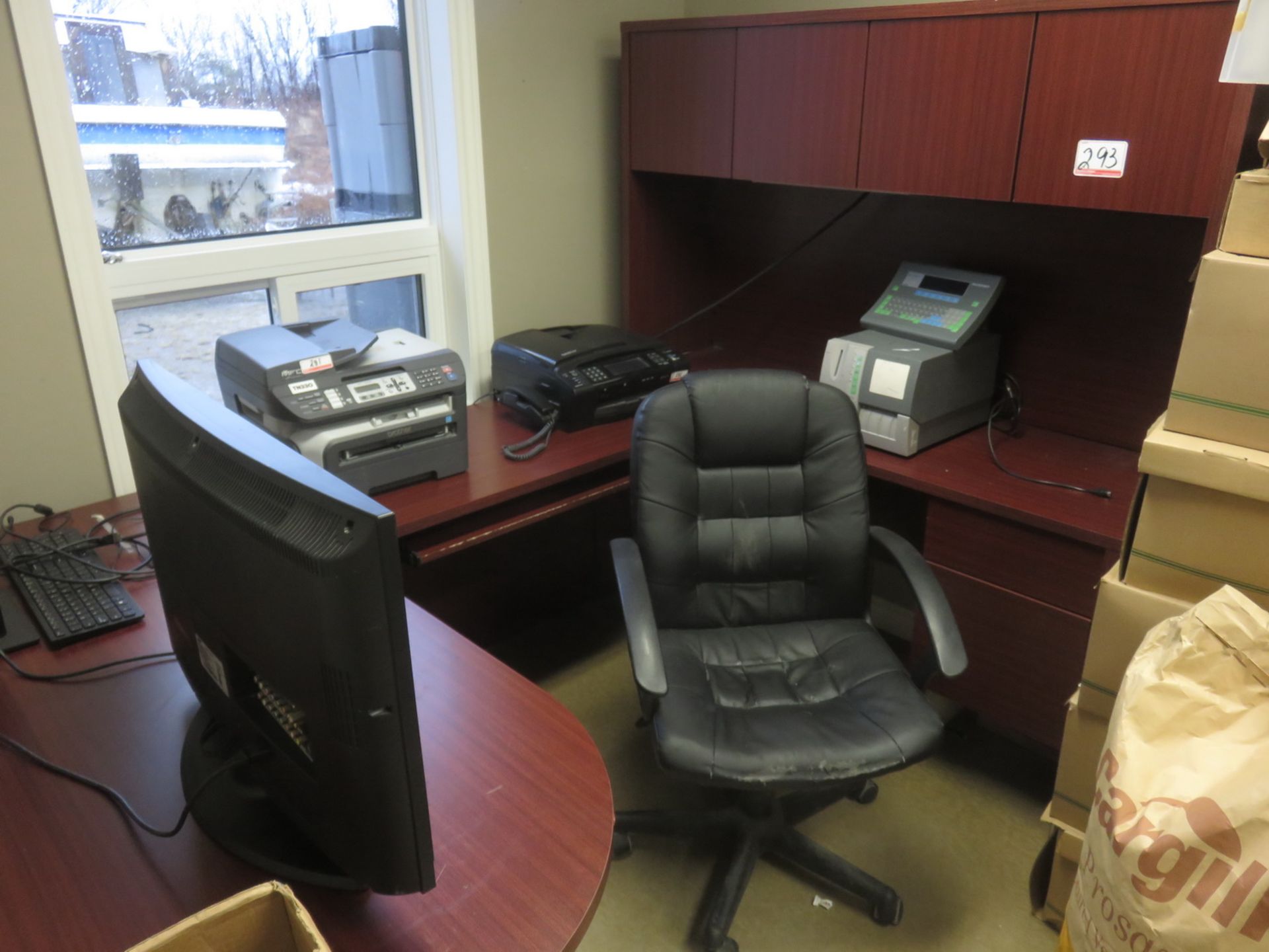 LOT - MAHOGANY OFFICE WORKSTATIONS W/ BAR FRIDGE & GREEN CHAIR