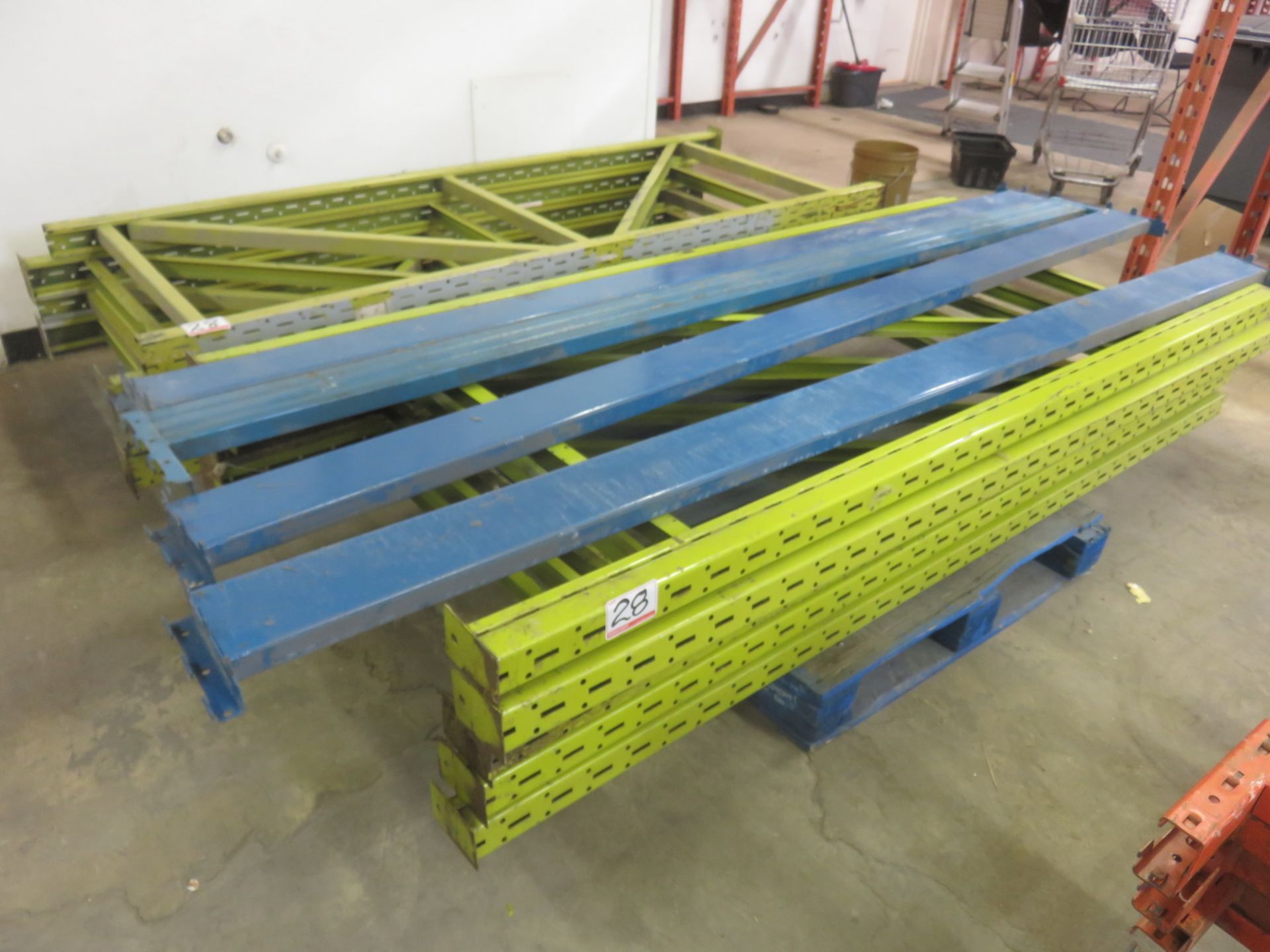 LOT - GREEN & BLUE STEEL 3' & 42" X 10'H UPRIGHTS W/ (4) 9' CROSS BEAMS