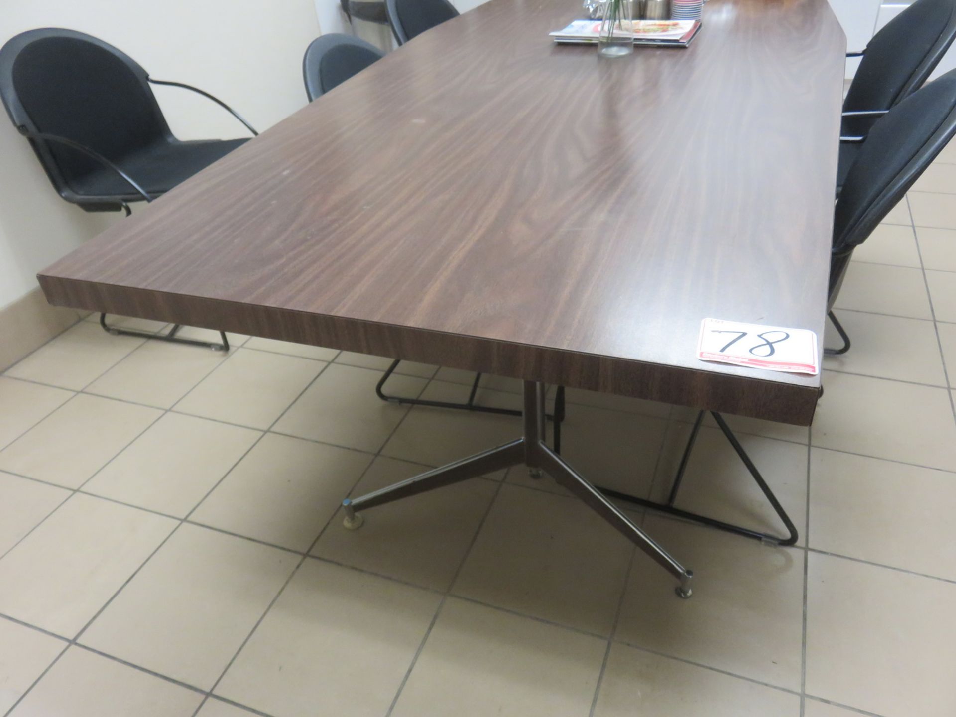 WALNUT 35" X 8' BOARDROOM TABLE W/ BLK STEEL & WALNUT TOP CABINET