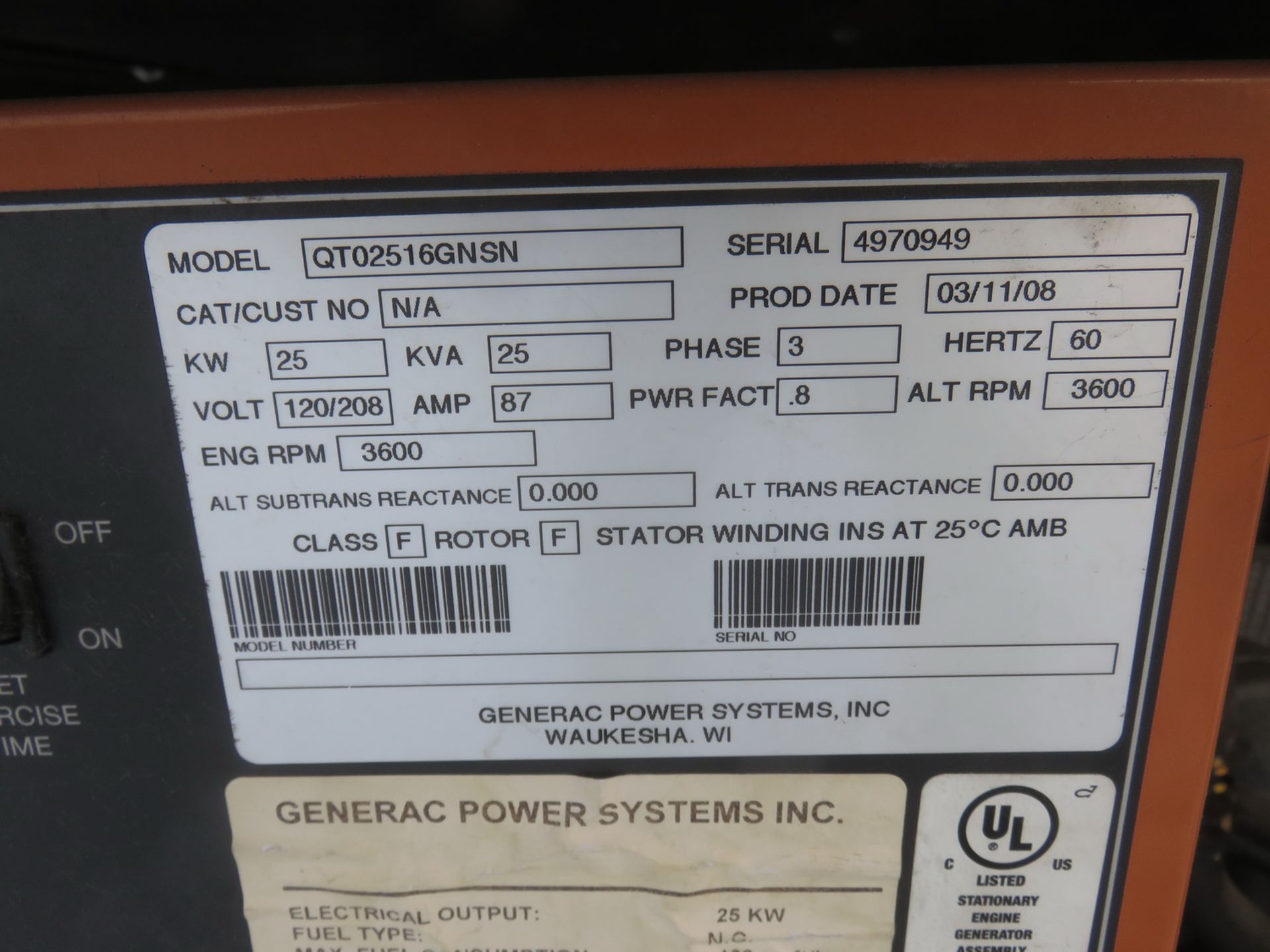 GENERAC QT02516GNSN 25KW 25KVA 3PH 120/208V 87 AMP NATURAL GAS GENERATOR (ON ROOF - MUST REMOVE - Image 3 of 4
