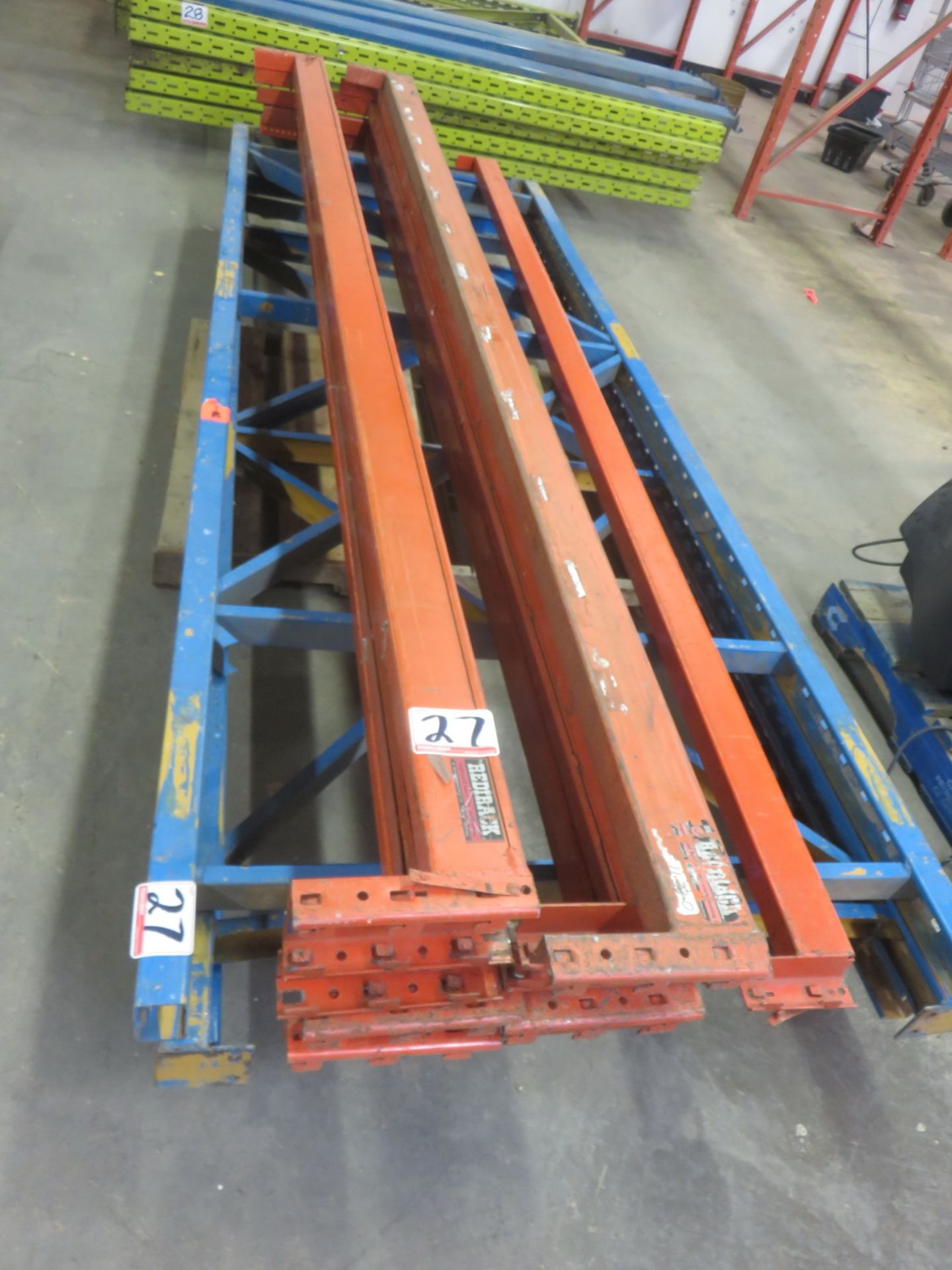 LOT - BLUE & ORANGE STEEL RACKING C/O: (3) 42" X 10'H UPRIGHTS & (10) 12' CROSS BEAMS