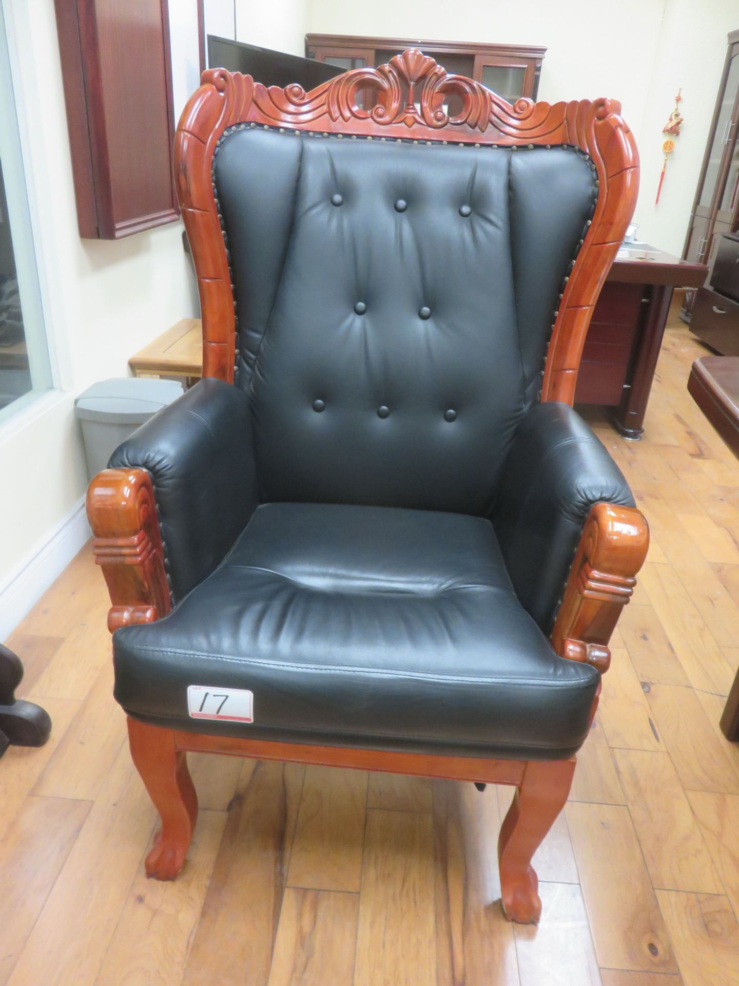 BLACK LEATHER W/ DECOARTIVE WOOD FRAME HIGH BACK ARM CHAIR