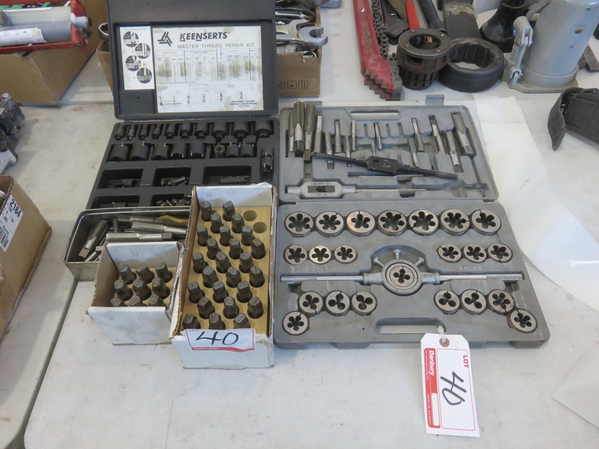 LOT - TAP + DIE SET, KEENSTERS MASTER THREAD REPAIR KIT, & # LETTER STAMPS