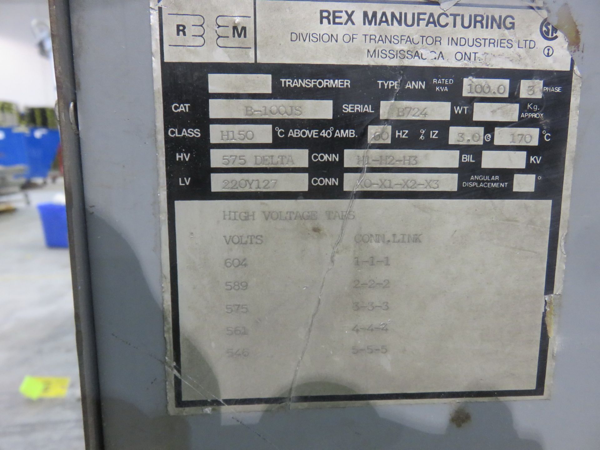 REX MFG 100 KVA 575/ 220Y127 TRANSFORMER - Image 2 of 2