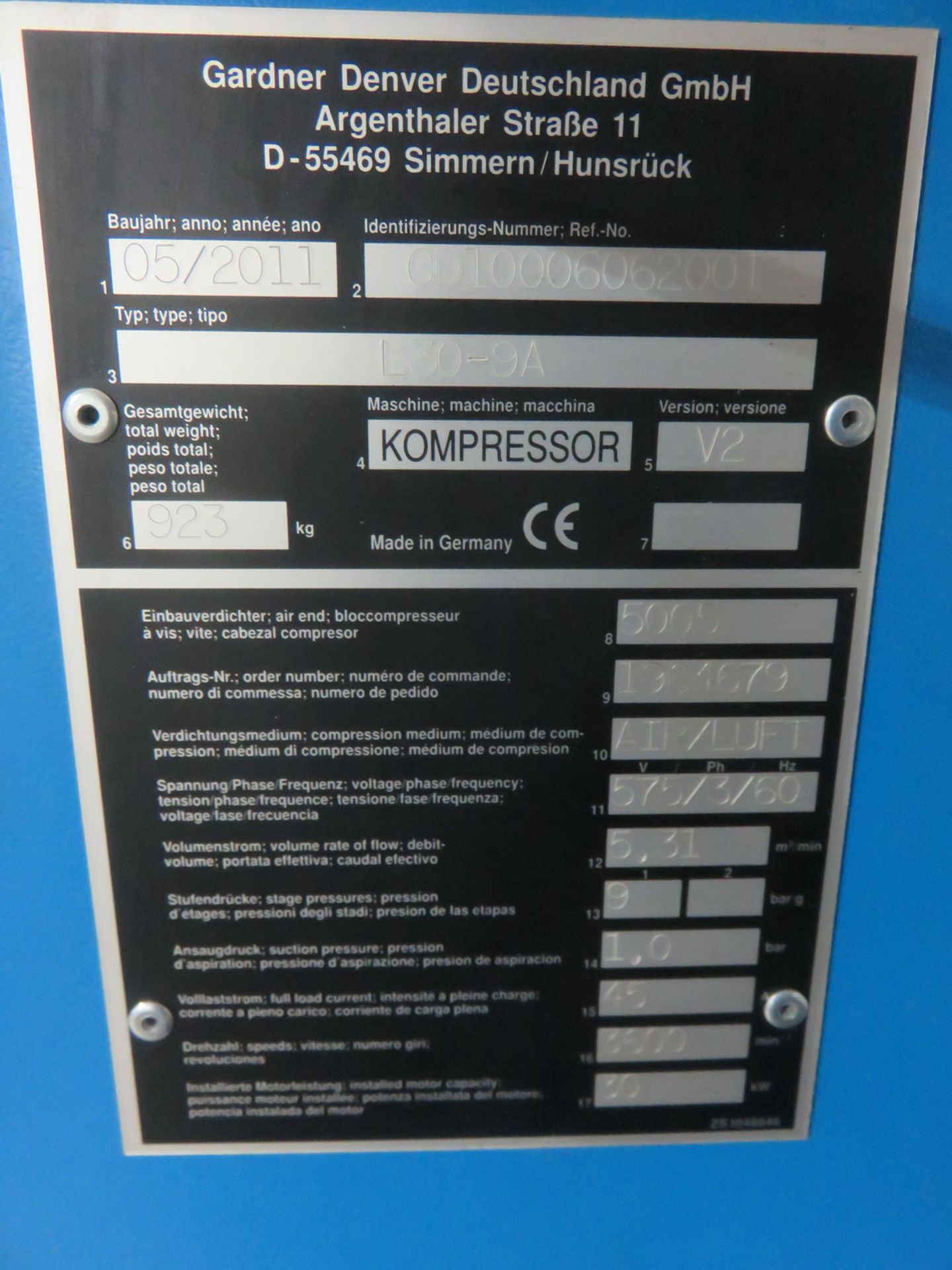 2011 COMPAIR L30-9A, 40 HP ROTARY SCREW COMPRESSOR W/ 1 DELCOS X L CONTROL - S/N CD10006062001 (18, - Image 3 of 3