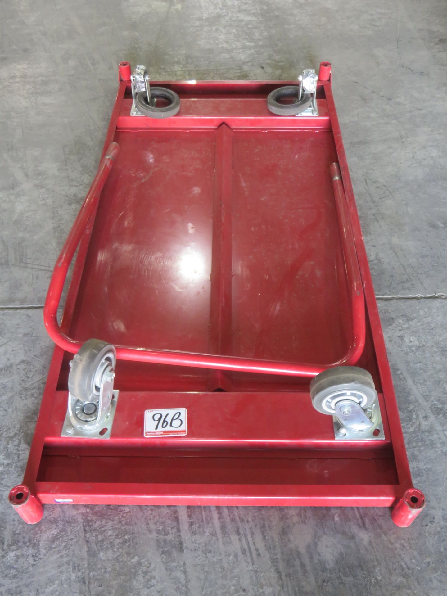 RED STEEL 29" X 5' WAREHOUSE CART (2 WHEELS DAMAGED - AS IS)