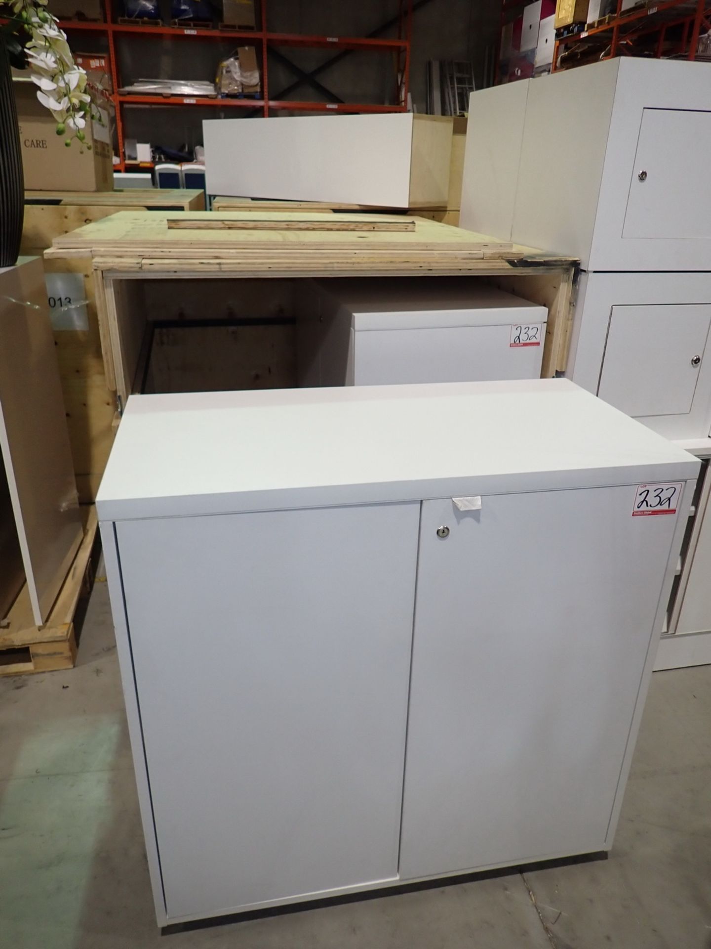 LOT - (2) WHITE 20 X 39 X 39" H CABINETS W/ WOOD SHIPPING CRATE