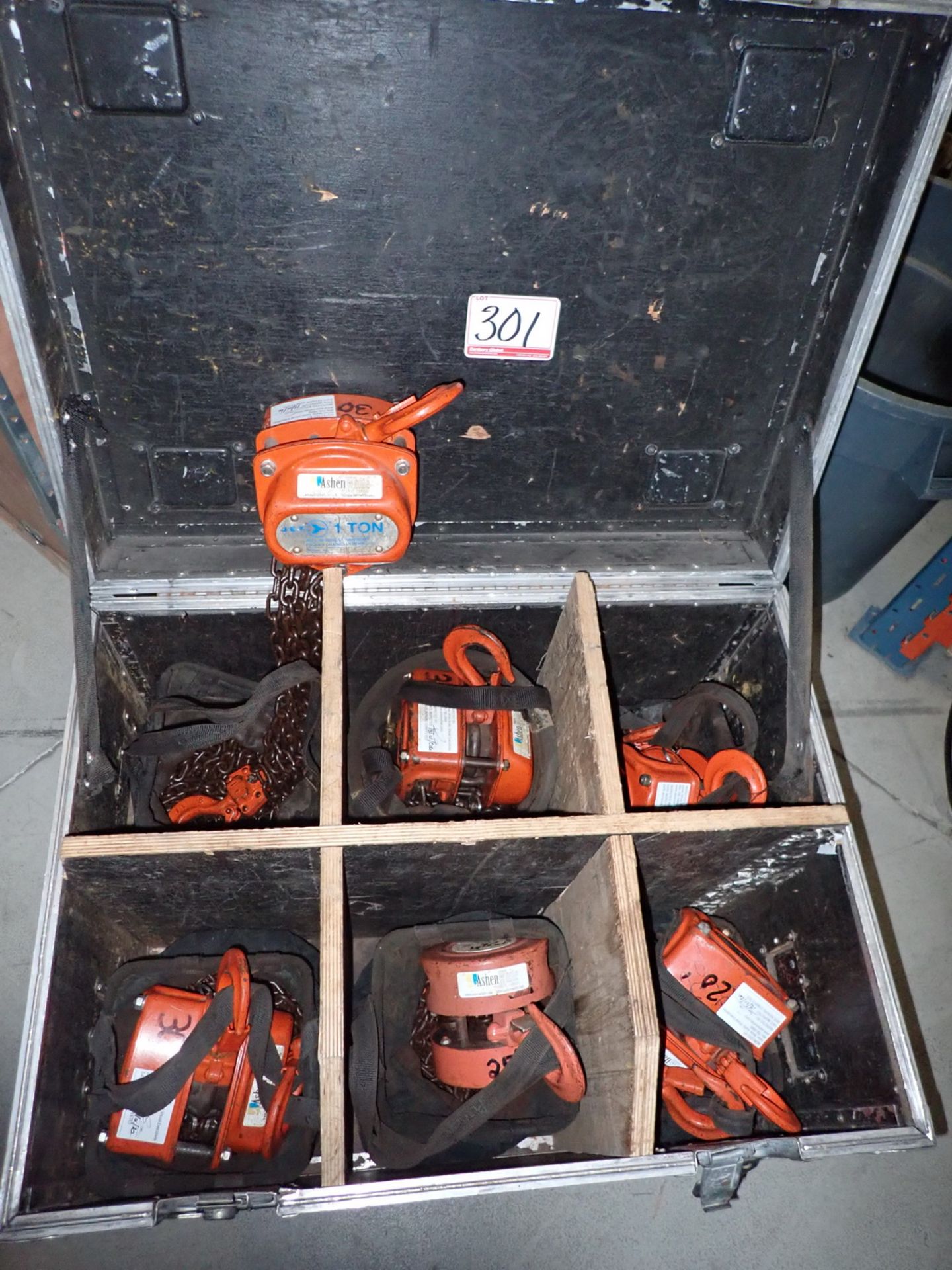 UNITS - CM & JET 1-TON MANUAL HAND CHAIN HOISTS W/ TRAVEL CASE (3 X 30', 1 X 25', 2 X 20')