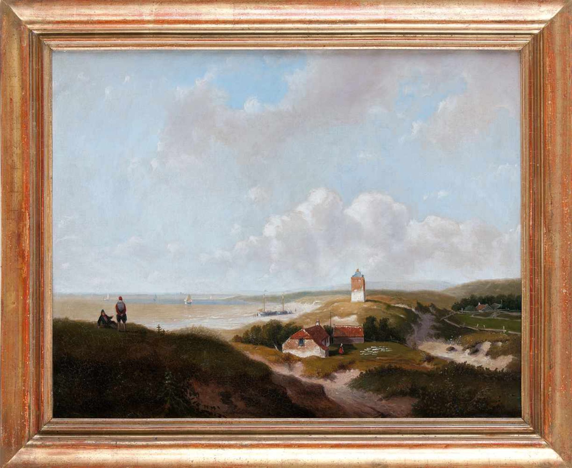 Schelfhout, Andries (1787 Den Haag; † 1870 ebenda): Panoramansicht Strand mit altem Leuchtturm<b